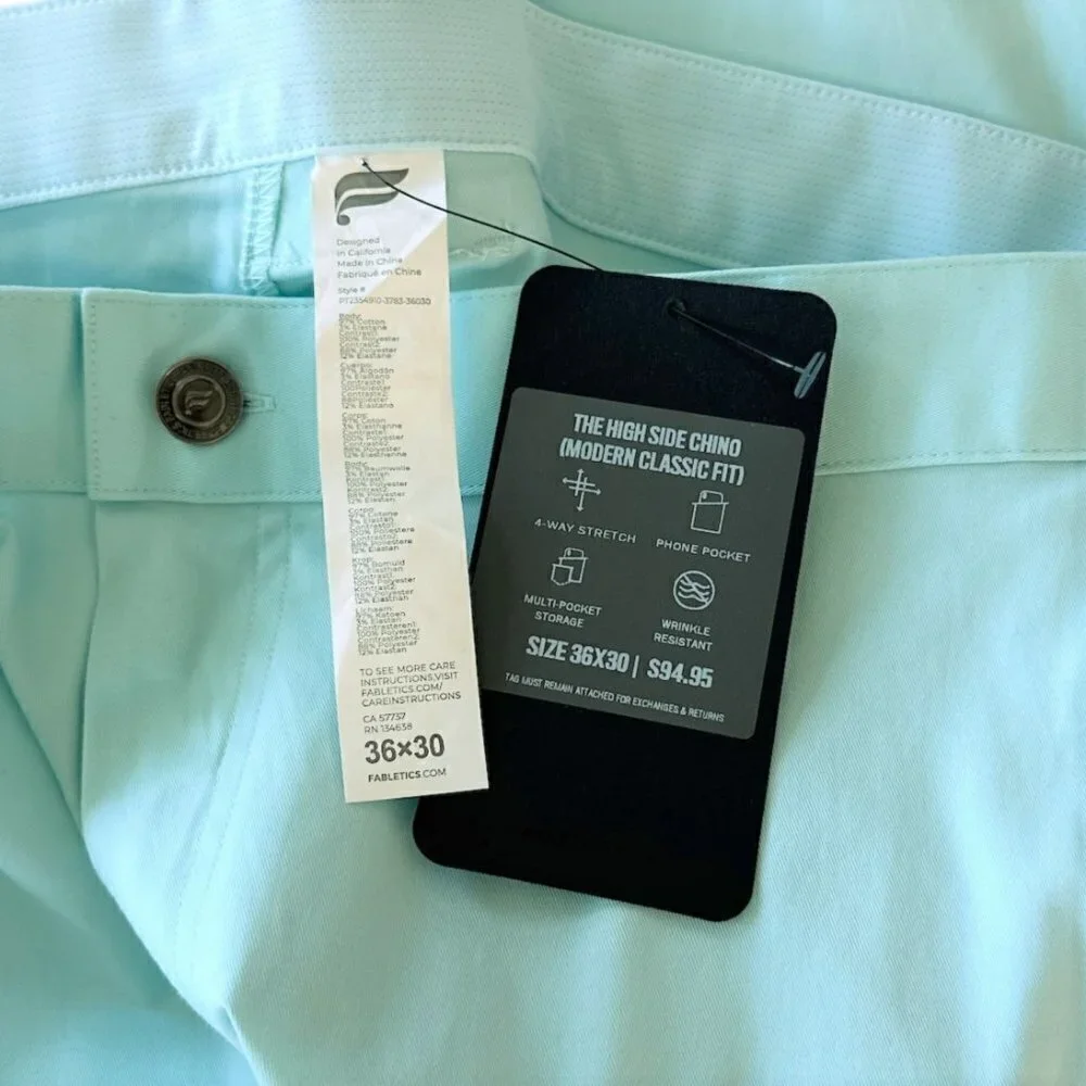 Fabletics High Side Chino Modern Classic Fit Nordic Blue Aqua NWT New 36 x 30